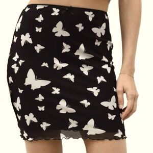 Y2K Wild Fable Small Black Butterfly Print Mesh Lettuce Hem Slip Mini Skirt